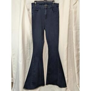 Dark Blue Women's Flare Jeans with Raw Hem